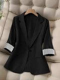 New Women's Fashion Casual Office Commuting Lapel Striped Patchwork Single-Breasted Slim Fit Three-Quarter Sleeve Blazer 603# - Black