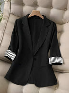New Women's Fashion Casual Office Commuting Lapel Striped Patchwork Single-Breasted Slim Fit Three-Quarter Sleeve Blazer 603# - Black