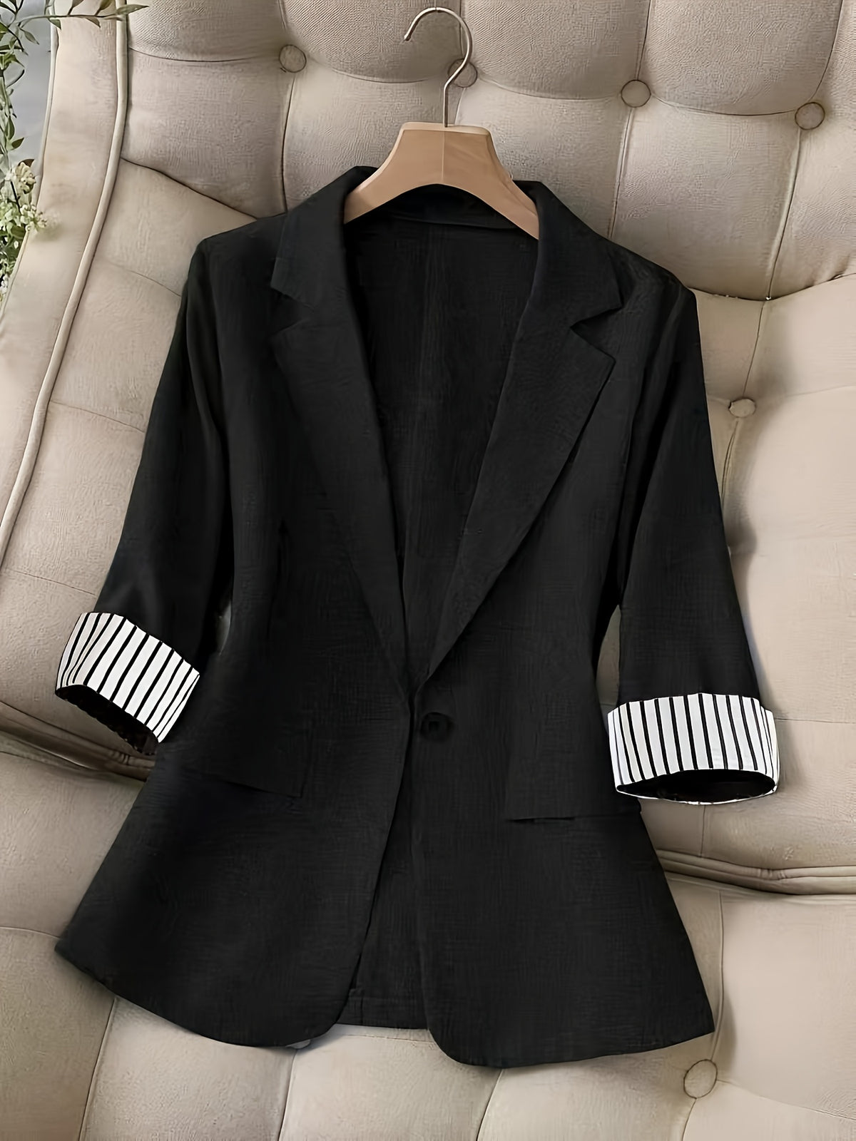 New Women's Fashion Casual Office Commuting Lapel Striped Patchwork Single-Breasted Slim Fit Three-Quarter Sleeve Blazer 603# - Black
