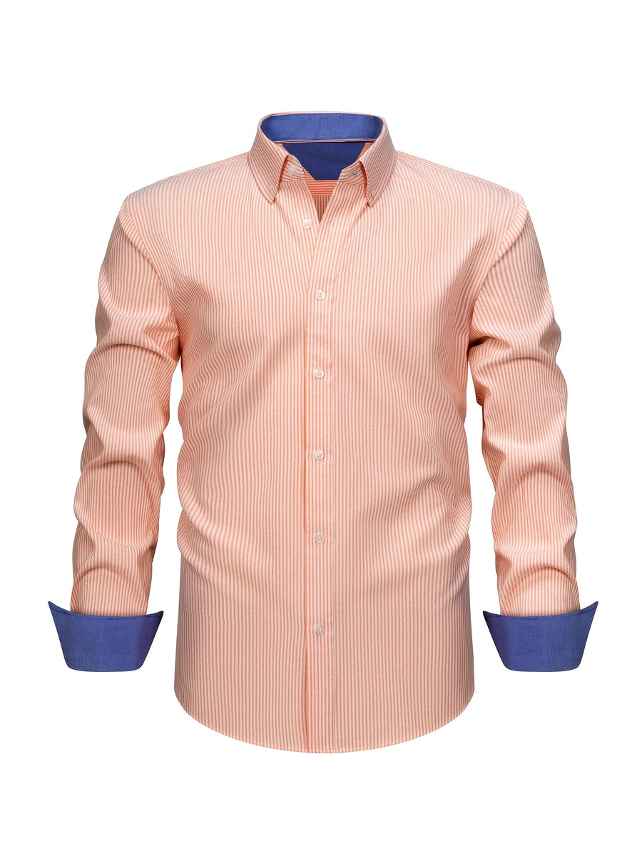 New Cotton Oxford Shirt for Men, Casual Fashion Long Sleeve with Collar and Cuff Patchwork Design, Comfortable and Fitted Business Loose Shirt, Button-Up Striped Dress Shirt, Long Sleeve Collared Striped Dress Shirt for Office Work, Fine Stripe Shirt - Orange base with white stripes