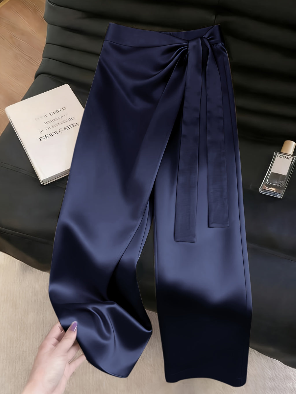 Women'S Fashion Commuter Satin Irregular Lace Bow Zipper Wide-Leg Long Pants - Navy blue color