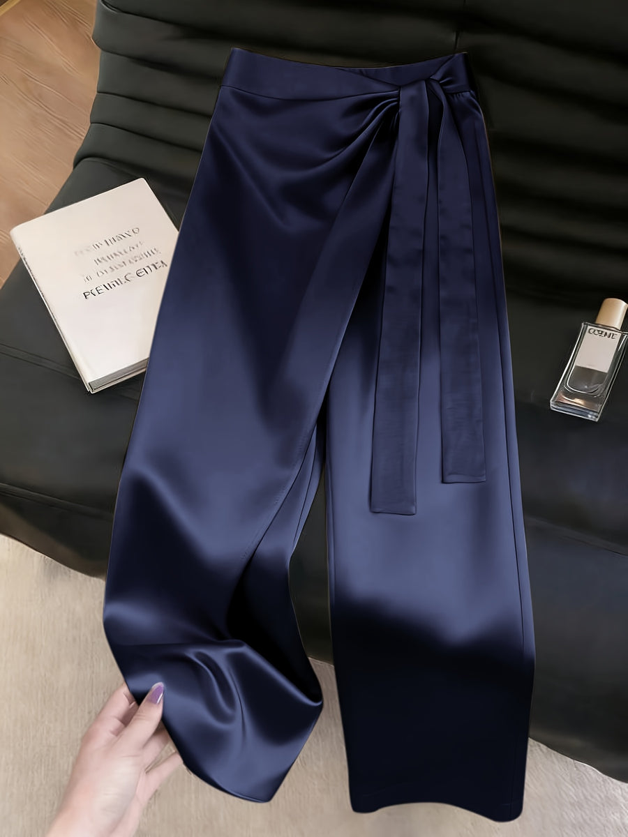 Women'S Fashion Commuter Satin Irregular Lace Bow Zipper Wide-Leg Long Pants - Navy blue color