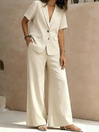 Casual Vacation Style Apricot Easy Lapel Short Sleeve Suit Jacket And Wide Leg Pants Ensemble - Apricot