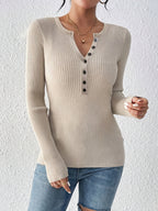 Front button solid ribbed sweater, elegant long-sleeve fitted cardigan, suitable for autumn and winter season, Women's clothing - Apricot
