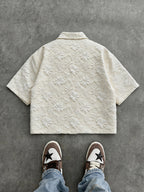Men'S Fashion New Three-Dimensional Floral Jacquard Fabric Shirt, Full Texture with Rich Layers, Breathable And Light, Not Stuffy. Classic Cuban Collar Design, Summer Lazy And Casual Yet Refined, Daily Commute - Apricot