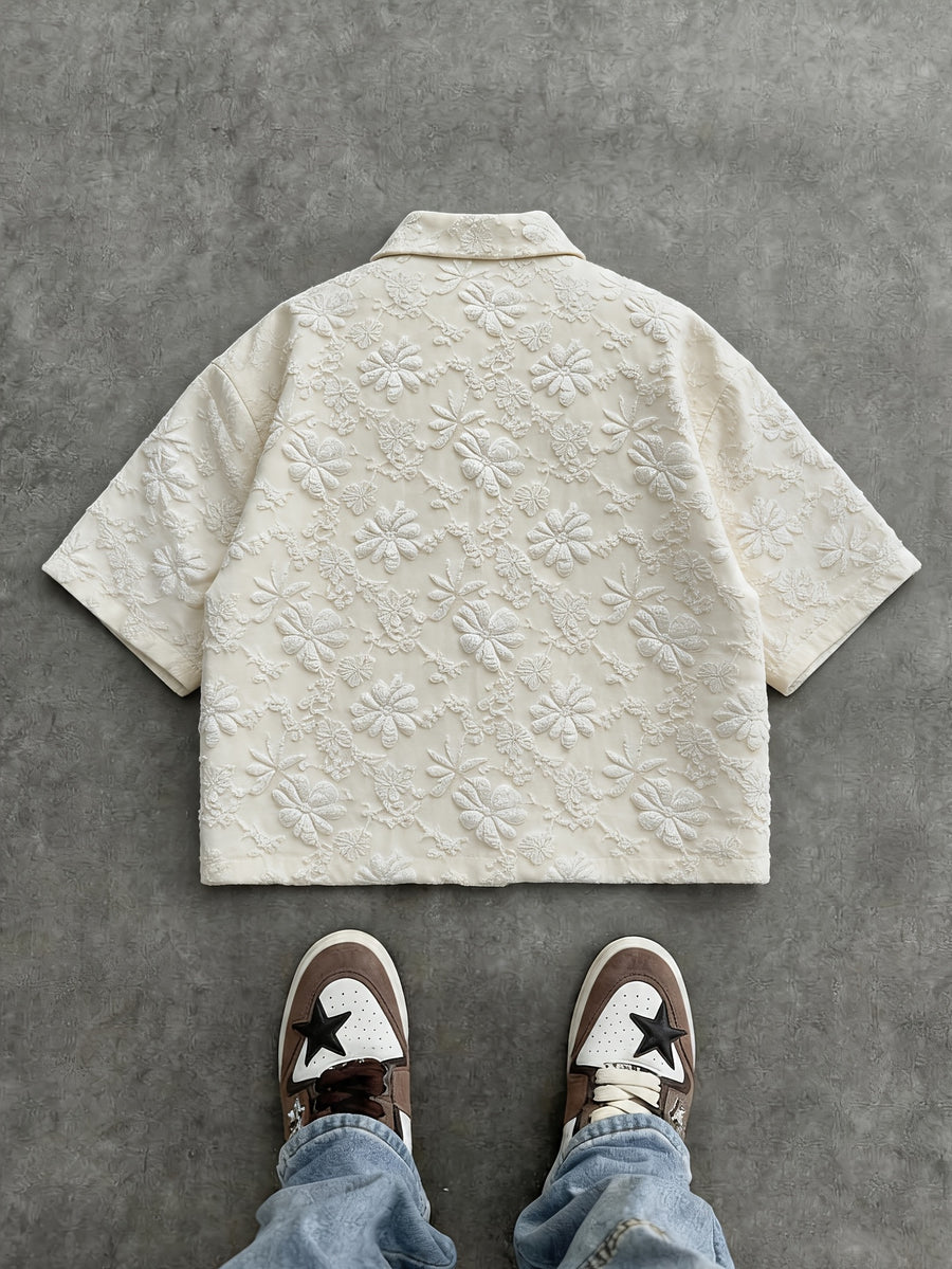 Men'S Fashion New Three-Dimensional Floral Jacquard Fabric Shirt, Full Texture with Rich Layers, Breathable And Light, Not Stuffy. Classic Cuban Collar Design, Summer Lazy And Casual Yet Refined, Daily Commute - Apricot