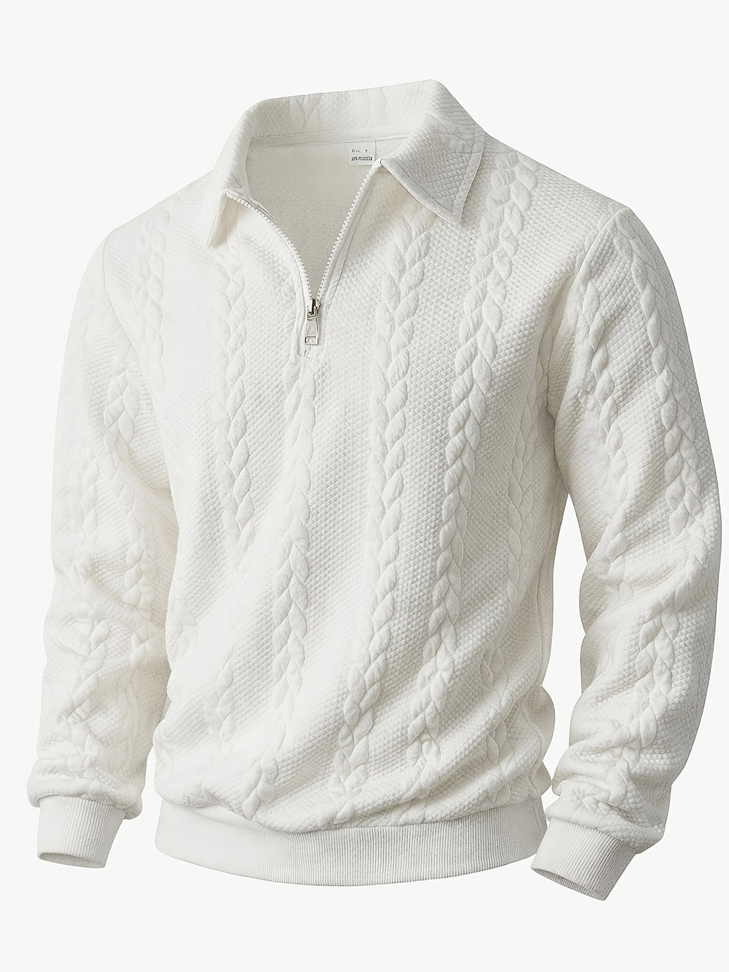 Men's Lapel Jacquard Knit Sweater for Spring, Autumn, and Winter, Casual Long-Sleeve Half-Open Front Zipper Fashionable Versatile Knit Outerwear Sweatshirt - White