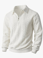 Men's Lapel Jacquard Knit Sweater for Spring, Autumn, and Winter, Casual Long-Sleeve Half-Open Front Zipper Fashionable Versatile Knit Outerwear Sweatshirt - White