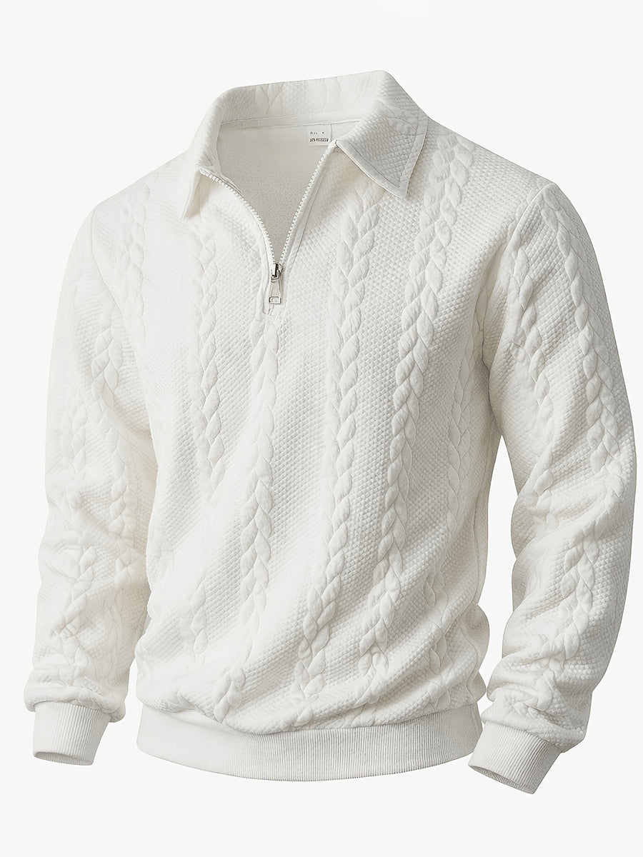 Men's Lapel Jacquard Knit Sweater for Spring, Autumn, and Winter, Casual Long-Sleeve Half-Open Front Zipper Fashionable Versatile Knit Outerwear Sweatshirt - White