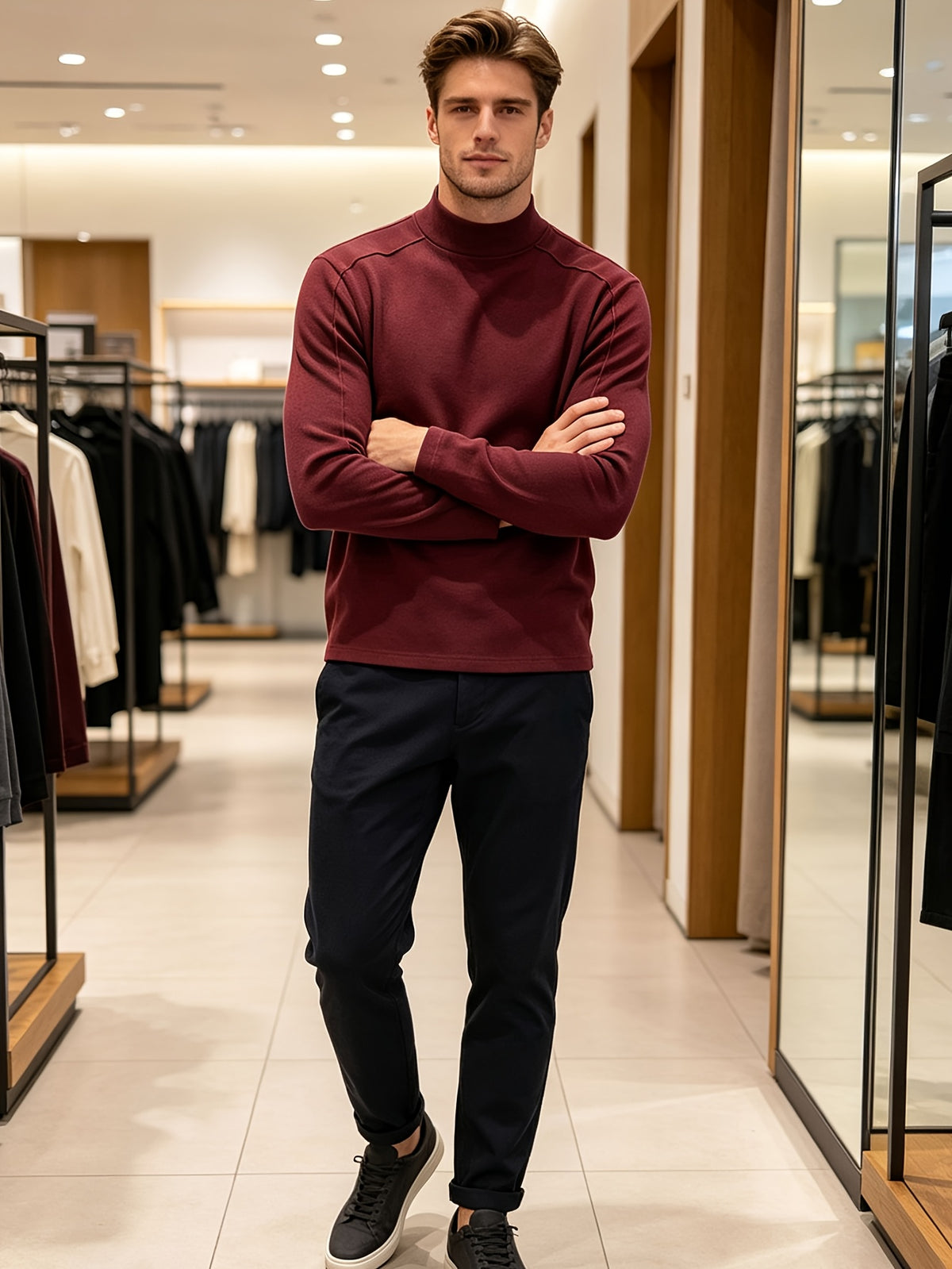Men's Half-turtleneck Base Layer, Suitable for Wearing Alone in Early Autumn or as a Warm Inner Layer in Late Winter, Adaptable for Both Business and Casual Styles. -SINBOS - Rose Red