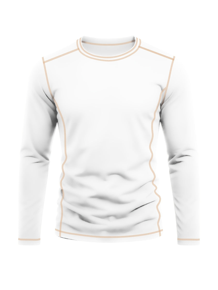 Men's Retro Patchwork T-Shirt - Solid Color Base with Contrast Patch Suitable for Fall/Winter, Round Neck Long Sleeve Casual Layering Top, Machine Washable Blending Shirt for Outdoor & Casual Attire (Regular Fit) - White