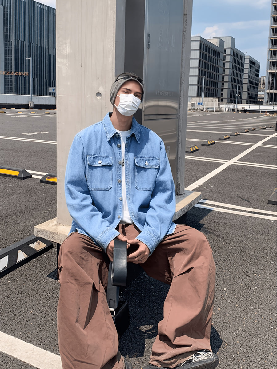 Men'S Loose Fit Lazy Style Denim Shirt, 4 Colors Plus Size Solid Jacket - Sky Blue