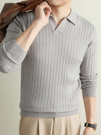 Autumn Winter Men'S Sweater, Lapel Men'S Long Sleeve Sweater, Casual Solid Color Pinstripe Seagull Collar Knit Warm Pullover POLO Shirt, Daily Commute Outdoor Holiday Wear POLO Shirt Sweater - Beige gray