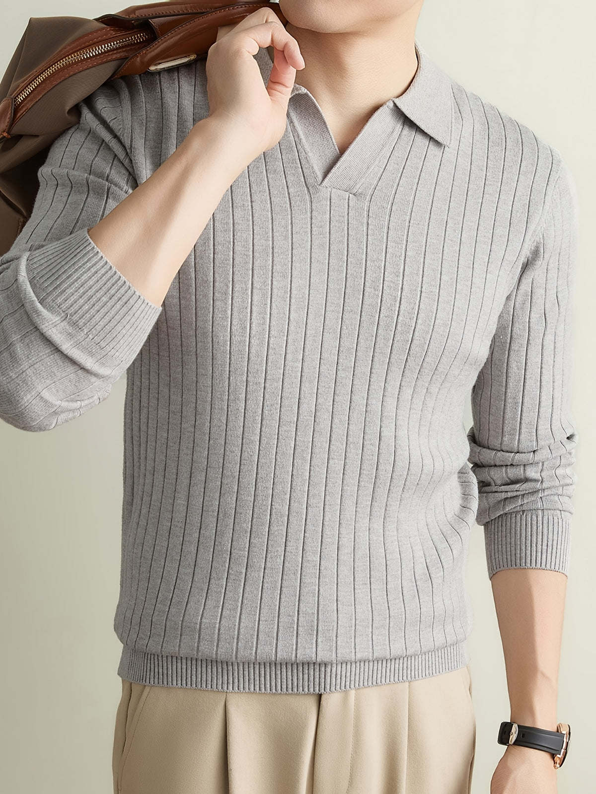 Autumn Winter Men'S Sweater, Lapel Men'S Long Sleeve Sweater, Casual Solid Color Pinstripe Seagull Collar Knit Warm Pullover POLO Shirt, Daily Commute Outdoor Holiday Wear POLO Shirt Sweater - Beige gray