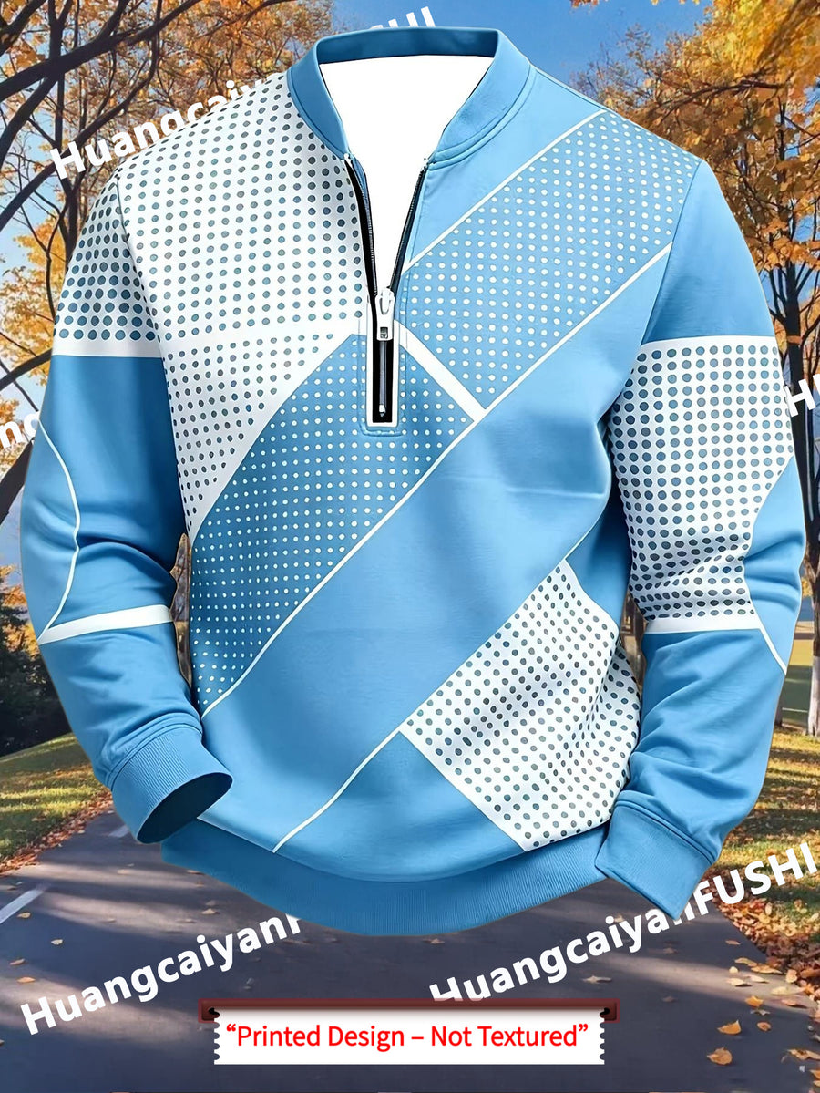 Men'S Autumn Winter Polo Zipper Sweatshirt, Classic Trendy New Half-Zip POLO Sweatshirt, American Retro Geometric Color-Block Print, Polo Stand Collar, Machine Washable, Daily Casual Party Outdoor Essential, Fashionable Long Sleeve Athletic Top - Mixed Color 1