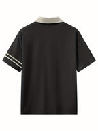 Warner Bros. Exclusive License, American Retro Color-Block Classic Character Print Polo Shirt, Men'S Casual Comfortable, Multi-Functional Loose Summer Polo Shirt, Summer Loose Lapel Japanese Style Polo Short Sleeve T-Shirt - Black