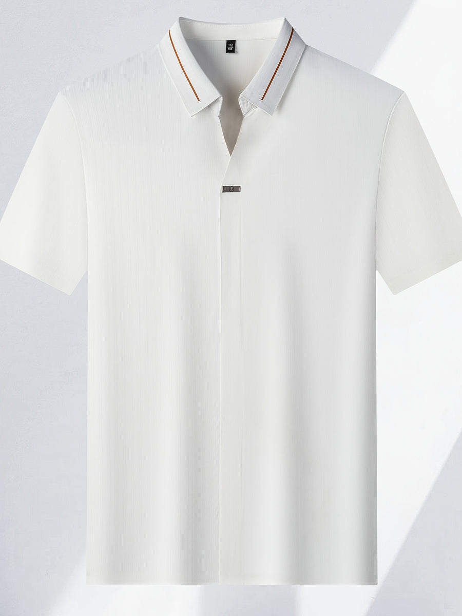 Men'S Seamless Short-Sleeved Polo, Summer Color-Block Ruffled Collar, Breathable Iron-Free Business Solid Color Casual Shirt - White
