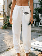 Casual Trousers with a Graphic Design, Featuring an Elastic Waistband, Suitable for Women - White