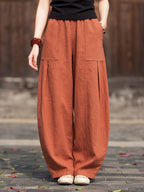 Summer Women'S Harem Pants Elastic Waist Lightweight Fabric All-Season And Wide-Leg Pants Solid Color Casual Trousers - Brick Red