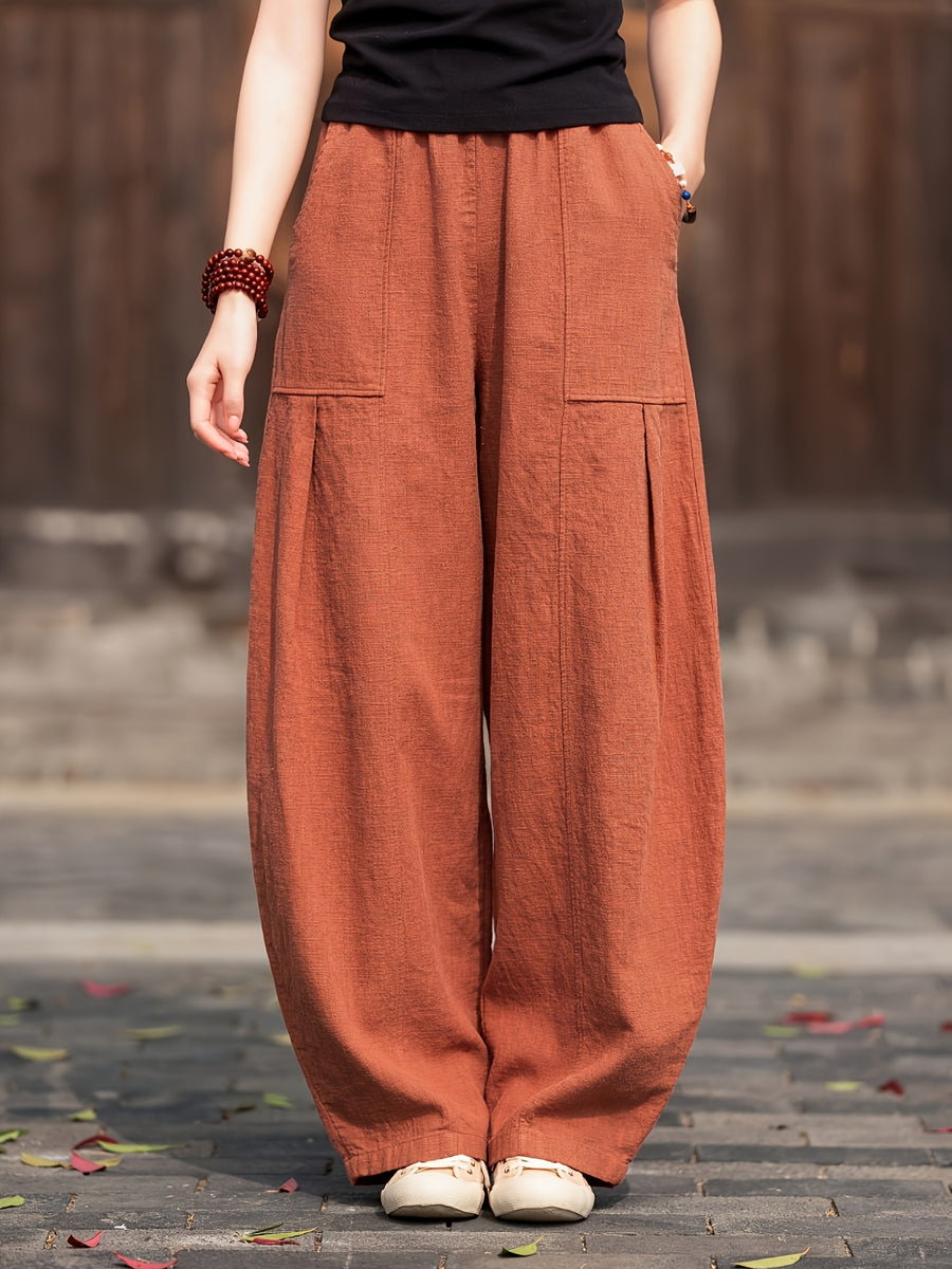 Summer Women'S Harem Pants Elastic Waist Lightweight Fabric All-Season And Wide-Leg Pants Solid Color Casual Trousers - Brick Red