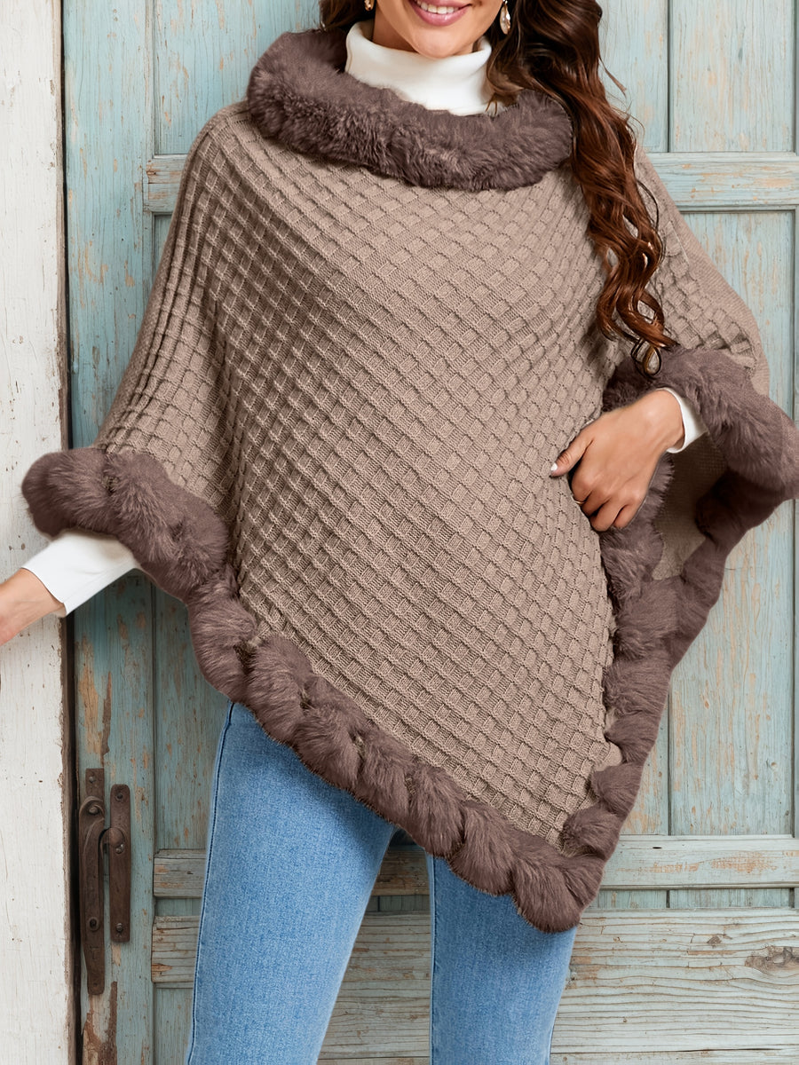 Elegant Special Edition "Pure Body Bust" - 1pc Elegant Women's Solid Color Waffle Shawl Pullover, 100% Polyester Fiber, Faux Trim Collar Patchwork, Stylish and Elegant European/American Style Warm Pullover, Suitable for Autumn/Winter - Camel