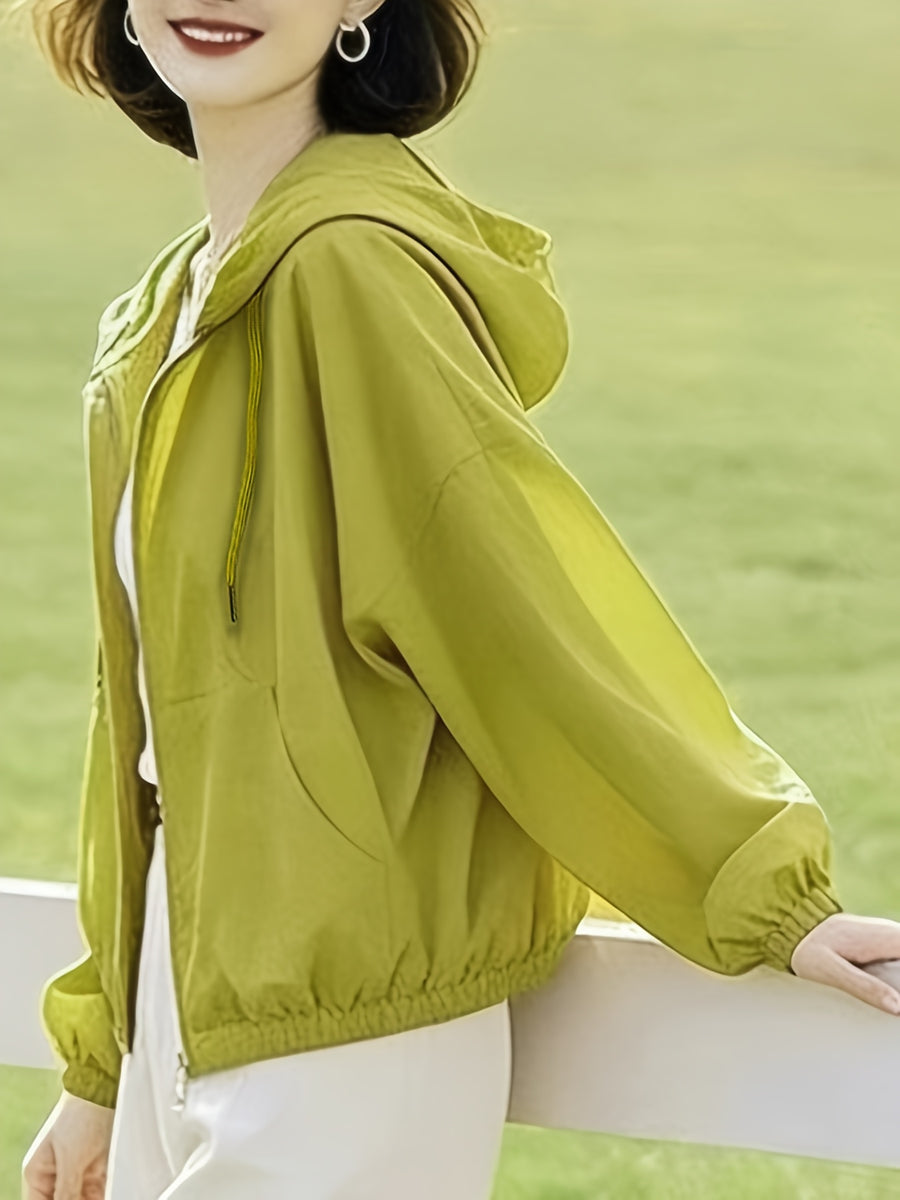 New Short Hooded Spring/Autumn Lightweight Loose-Fit Jacket Top for Petite Women - Yellow-green