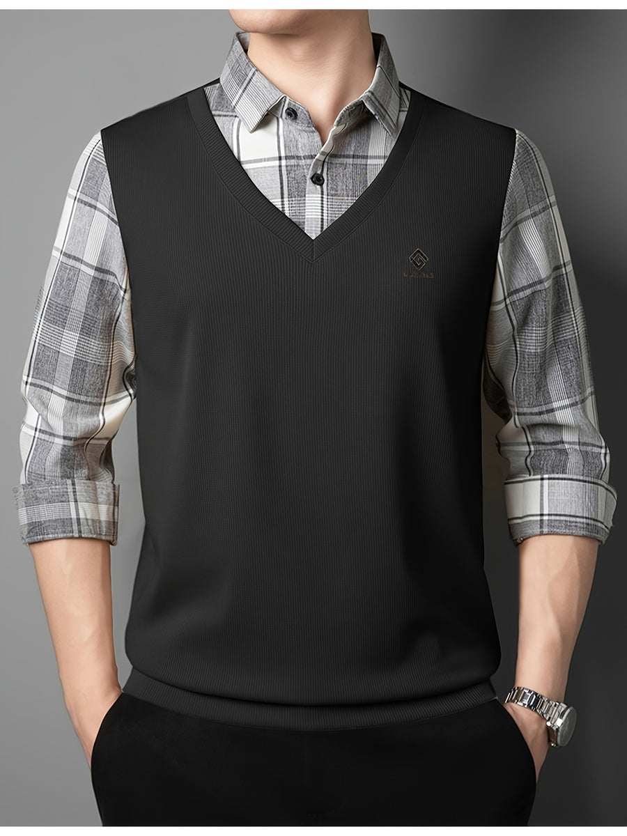 Men's 2-in-1 Look Long Sleeve Golf Polo Shirt, V-Neck Mock Vest Pullover, with Exquisite Logo on the Chest, Gray Plaid Shirt Collar and Cuffs, Breathable and Comfortable Polyester Top, Suitable for Adult Men's Weekend Gatherings, Outdoor Walks - Black