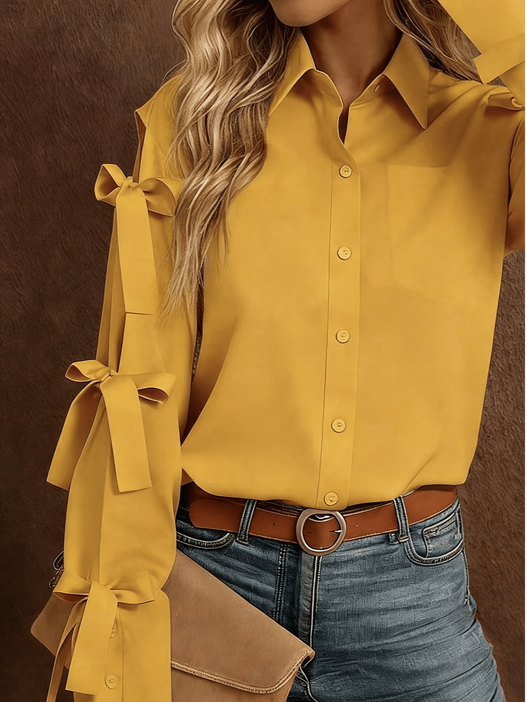Women'S Solid Color Bow Decorated Long Sleeve Single-Button Shirt, Suitable for Office, Home, Street, And Administration - ginger-colored