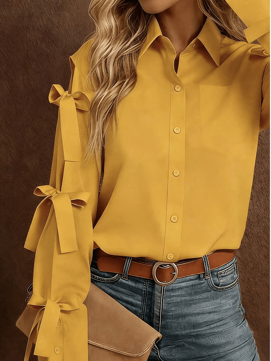 Women'S Solid Color Bow Decorated Long Sleeve Single-Button Shirt, Suitable for Office, Home, Street, And Administration - ginger-colored