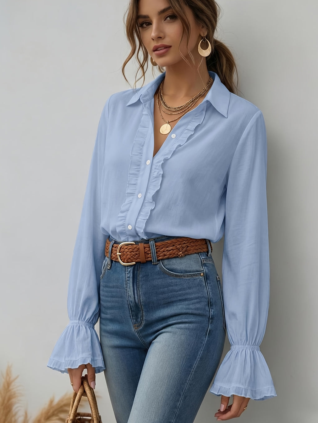 Women'S Solid Elegant Ruffled Button-Up Long Sleeve Shirt - Light Blue