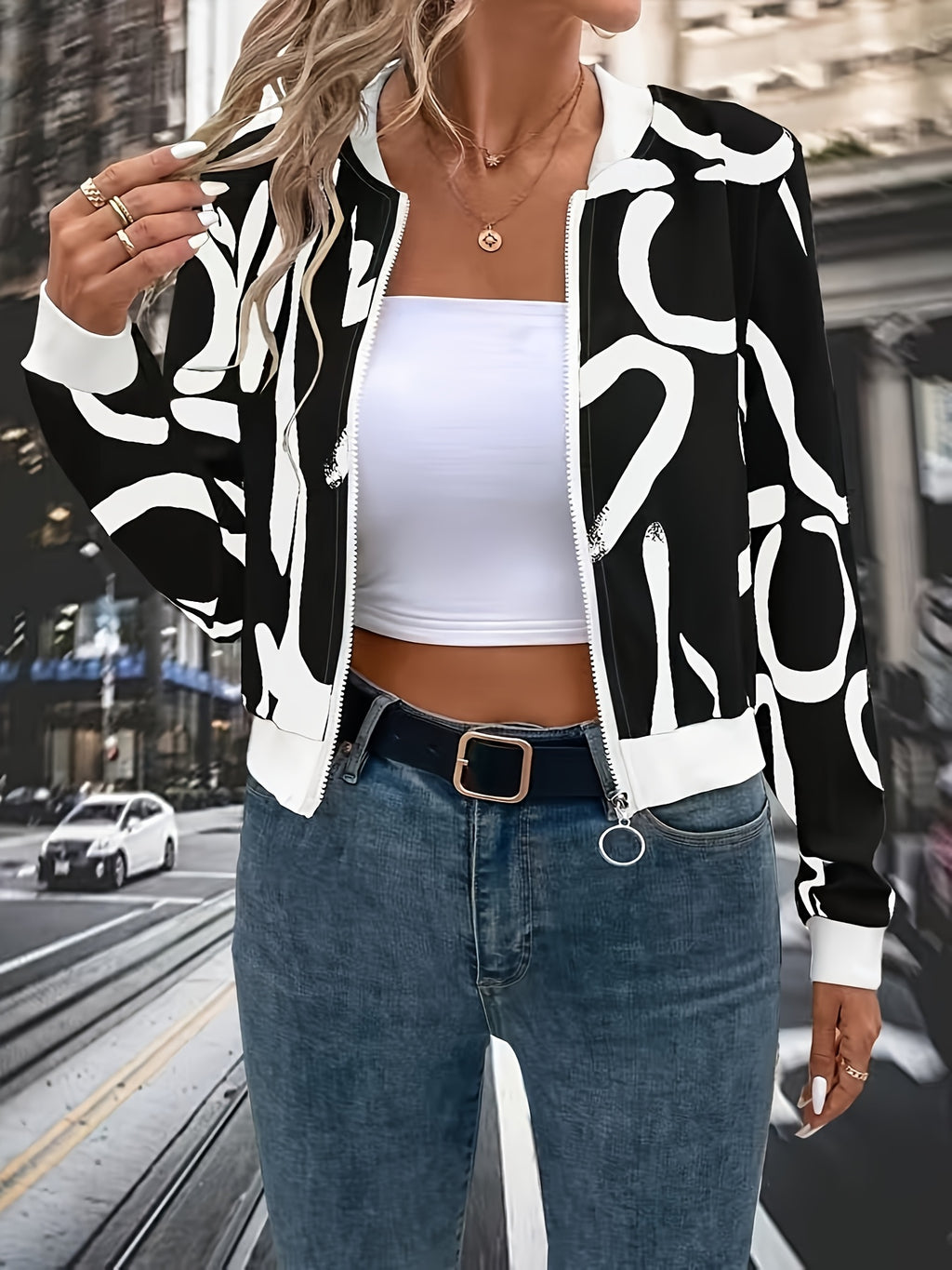 Women'S Fashion Casual Printed Long Sleeve Zipper Jacket - Mixed colors