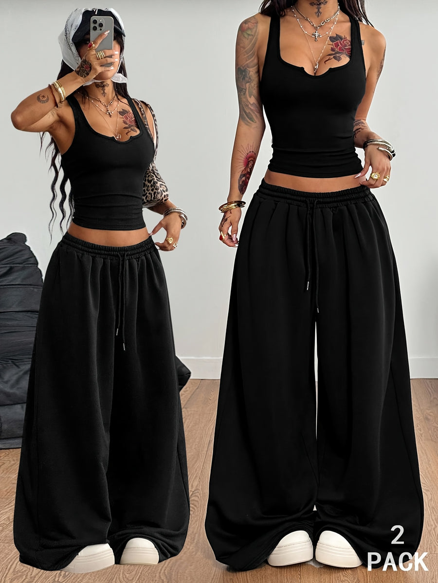Fitted U-Neck Cami And Flowing Wide-Leg Floor-Length Pants, Street Hot Style with Elastic Waist, Casual Comfortable Height-Enhancing Bomber Street Women'S Two-Piece Set - Black
