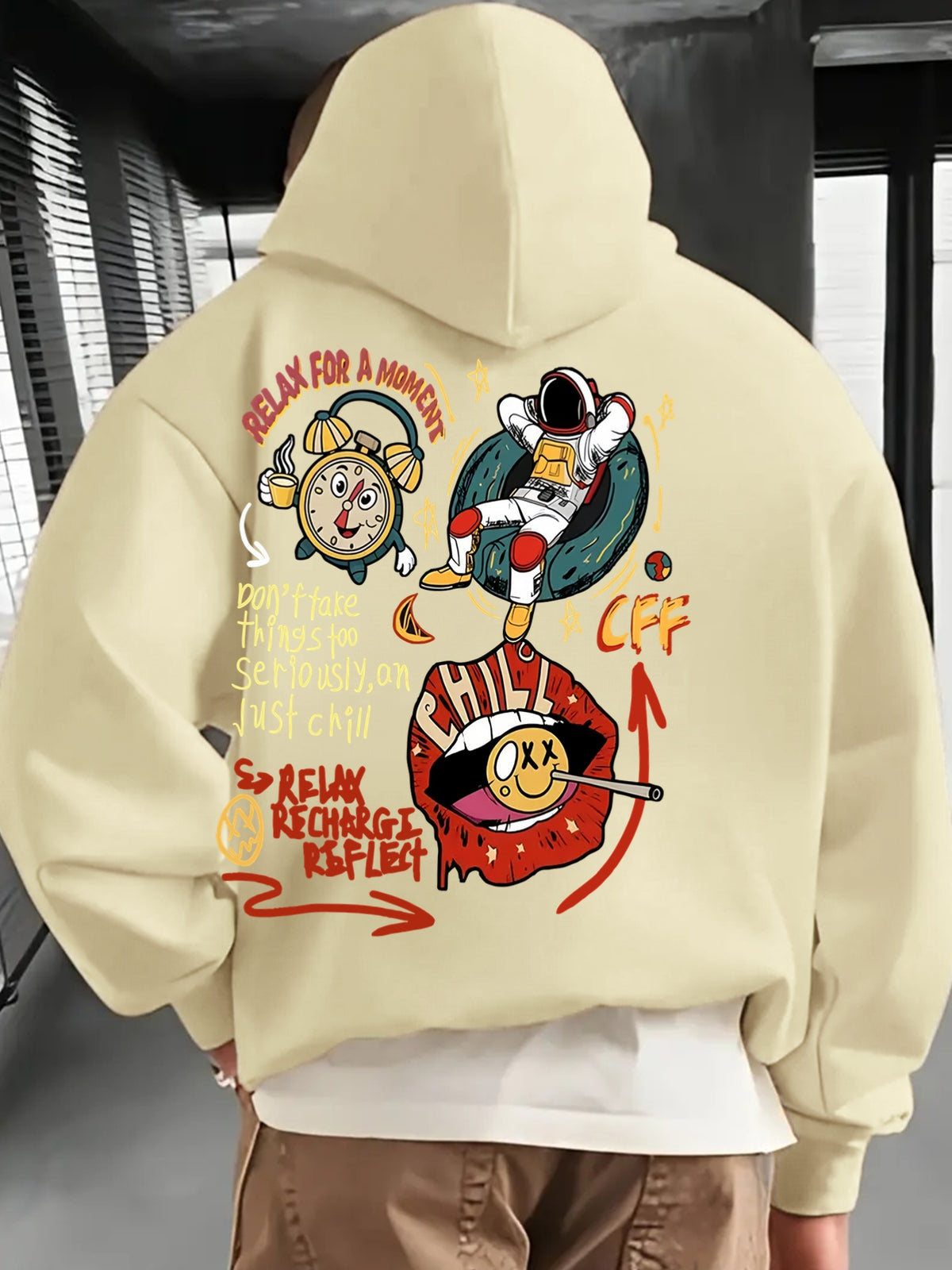 Men'S Fashion Hoodie, Loose Fit Casual Top, Print with "Astronaut" Lettering Print Pattern, Long-Sleeved Sweatshirt with Kangaroo Pocket, Casual Polyester Knit Fabric, Machine Washable Suitable for Outdoor Leisure Wear - Apricot