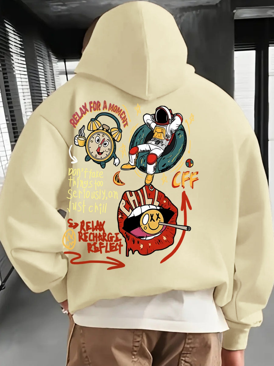 Men'S Fashion Hoodie, Loose Fit Casual Top, Print with "Astronaut" Lettering Print Pattern, Long-Sleeved Sweatshirt with Kangaroo Pocket, Casual Polyester Knit Fabric, Machine Washable Suitable for Outdoor Leisure Wear - Apricot