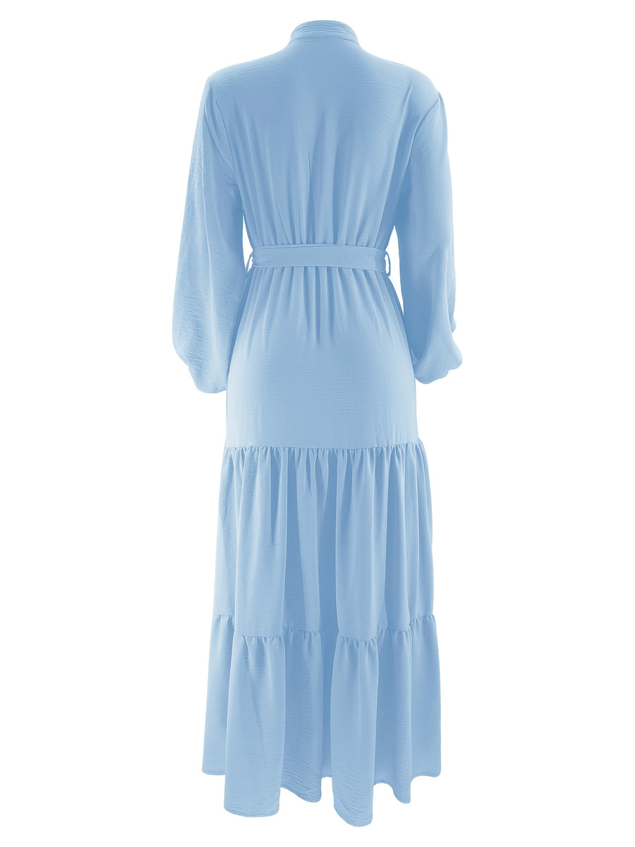 Ladies' Casual Stylish Long Dress with a Belt And Button Design, Featuring a Solid Color, Inspired by Middle Eastern Muslim Fashion (Headscarf Not Included) - Sky Blue