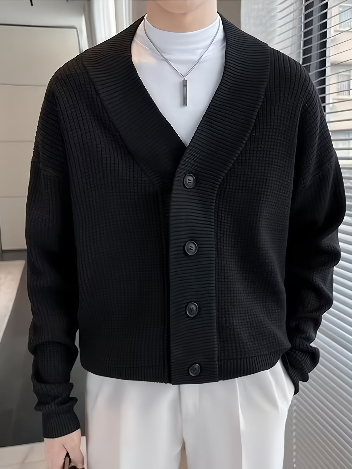 Men'S Stylish Knit Cardigan with Shirt - Casual, Loose Fit, Long Sleeve, V-Neck, Ribbed Detail, Fall/Winter Fashion, Casual Wear|Stylish Cardigan|Knit Construction, Sweater Cardiga - Black