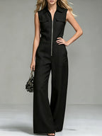 Women'S Fashion Solid Color Commuter Pocket Lapel Leg-Lengthening Sleeveless Slim Wide-Leg Jumpsuit [Additions Not Included] - Black