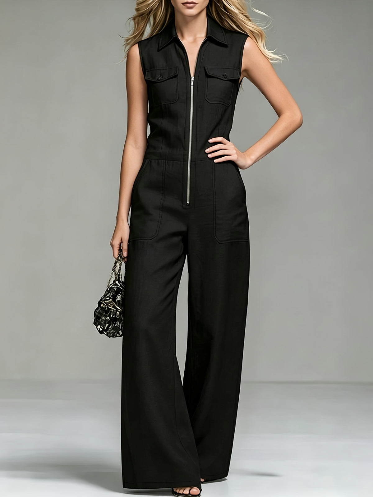Women'S Fashion Solid Color Commuter Pocket Lapel Leg-Lengthening Sleeveless Slim Wide-Leg Jumpsuit [Additions Not Included] - Black