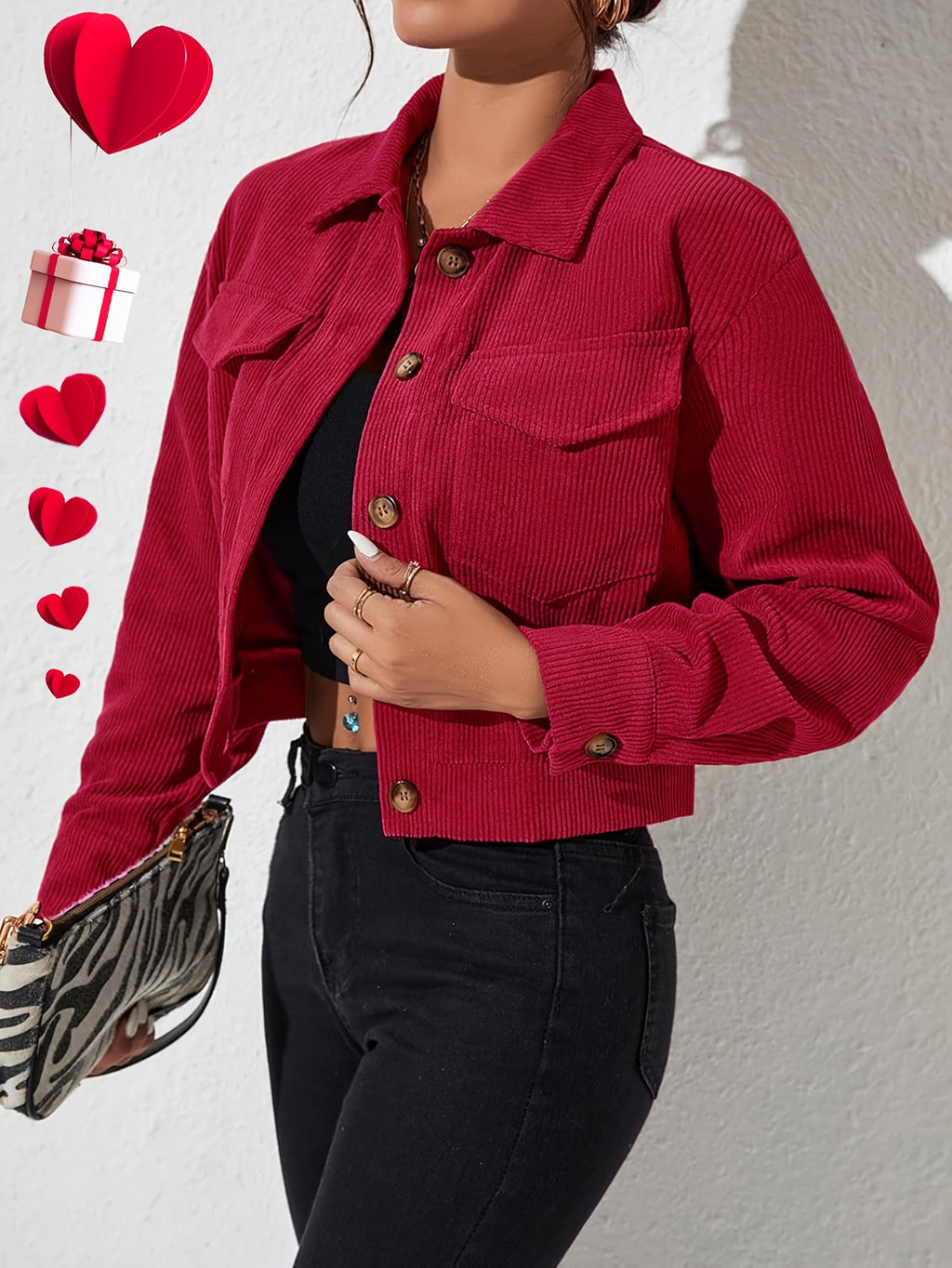 Stylish Women's Jacket on - Valentine's Day New Arrival, Hot Women's Outfit, Solid Color Corduroy Pocket Collar Long Sleeve Coat, Casual Jacket. Suitable for Casual to Semi-formal Wear, Layering, Classic Design, Exquisite Details, Fashionable Top - Red