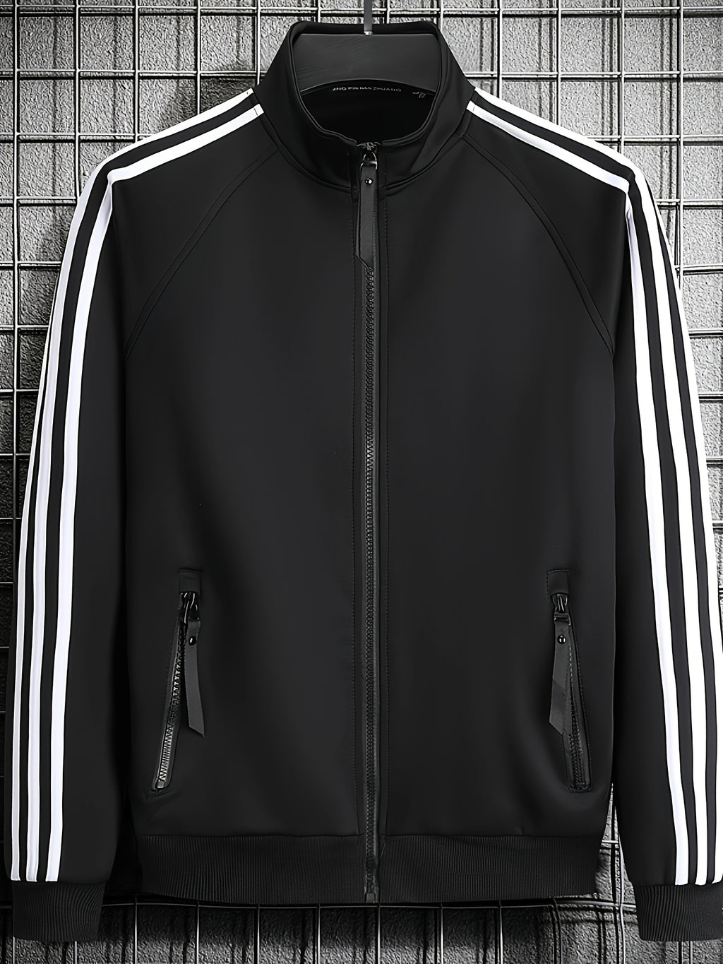 [Pearson OBM] Men'S Spring Autumn Casual Easy All-Match Outdoor Sports Jacket, Small Stand Collar Solid Color with Three Stripes, Side Seam Zipper Pockets, Elastic Cuffs And Hem Design, Full Zip Closure Coat, Suitable for Vacation, Sports - Black