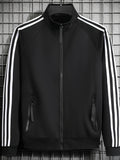 [Pearson OBM] Men'S Spring Autumn Casual Easy All-Match Outdoor Sports Jacket, Small Stand Collar Solid Color with Three Stripes, Side Seam Zipper Pockets, Elastic Cuffs And Hem Design, Full Zip Closure Coat, Suitable for Vacation, Sports - Black