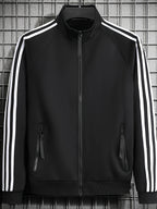 [Pearson OBM] Men'S Spring Autumn Casual Easy All-Match Outdoor Sports Jacket, Small Stand Collar Solid Color with Three Stripes, Side Seam Zipper Pockets, Elastic Cuffs And Hem Design, Full Zip Closure Coat, Suitable for Vacation, Sports - Black