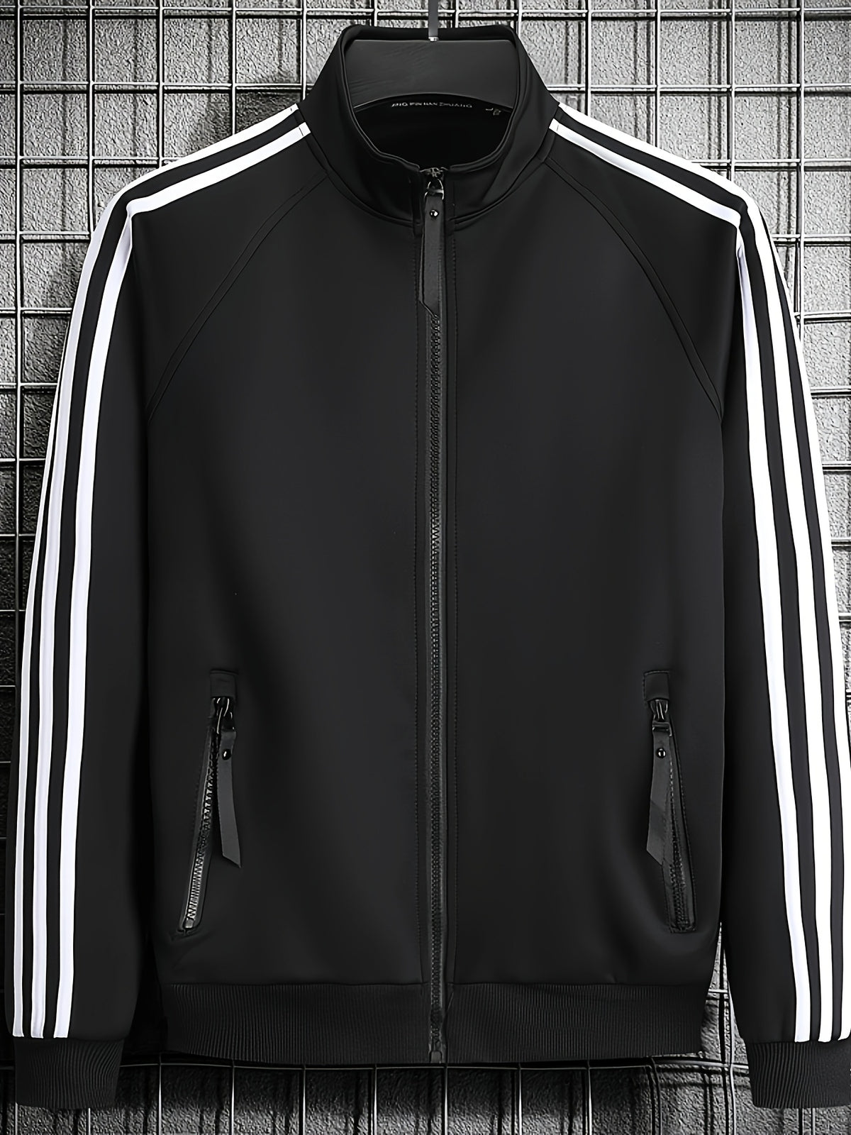 [Pearson OBM] Men'S Spring Autumn Casual Easy All-Match Outdoor Sports Jacket, Small Stand Collar Solid Color with Three Stripes, Side Seam Zipper Pockets, Elastic Cuffs And Hem Design, Full Zip Closure Coat, Suitable for Vacation, Sports - Black