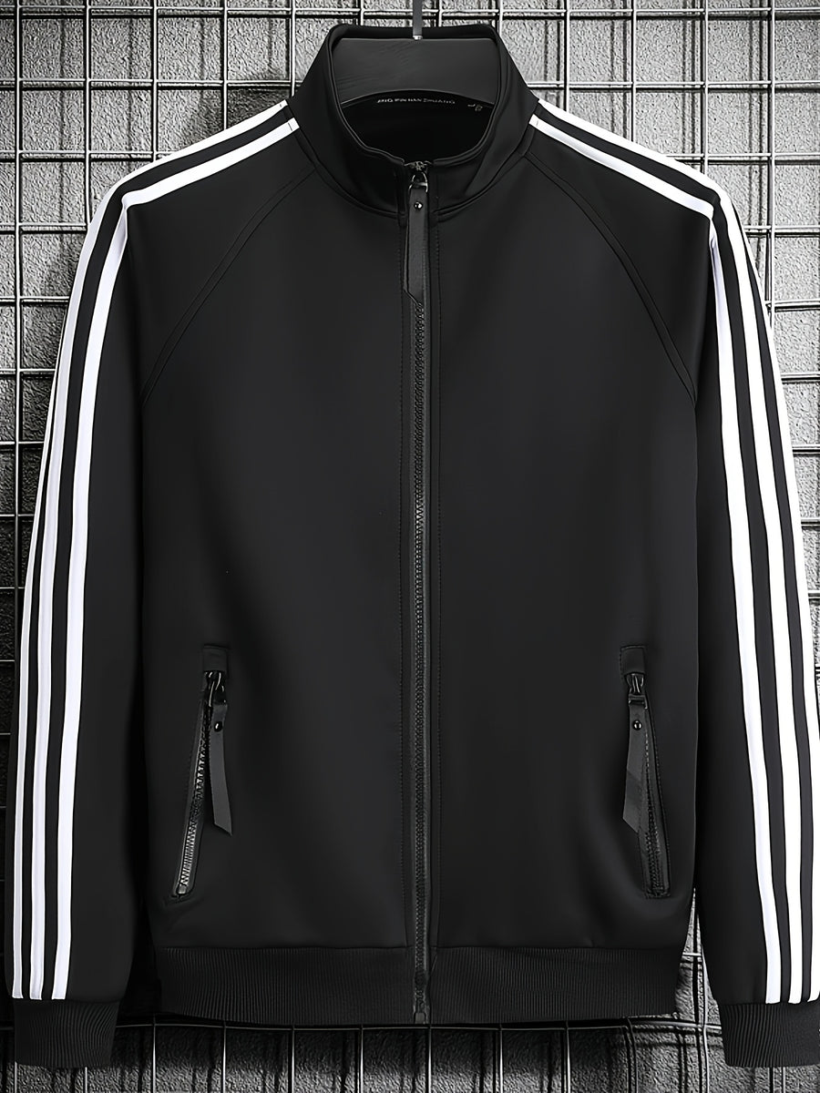 [Pearson OBM] Men'S Spring Autumn Casual Easy All-Match Outdoor Sports Jacket, Small Stand Collar Solid Color with Three Stripes, Side Seam Zipper Pockets, Elastic Cuffs And Hem Design, Full Zip Closure Coat, Suitable for Vacation, Sports - Black