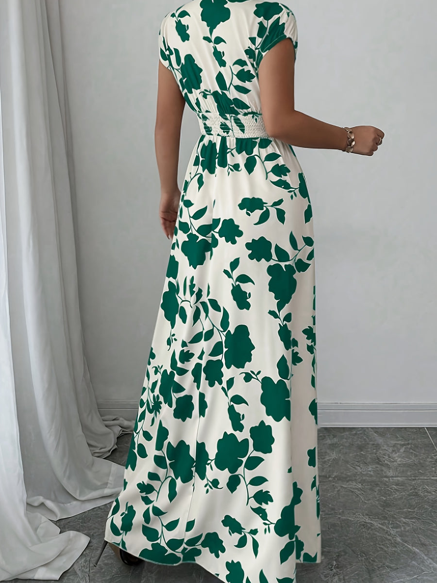 Elegant Pink Floral Maxi Dress with V-Neck and Short Sleeves - Flowing A-Line Silhouette, Cinched Waist, Perfect for Spring/Fall, Casual to Formal Wear, Casual Elegant Wear | Floral Print Dress | Cinched Waist Design - Green