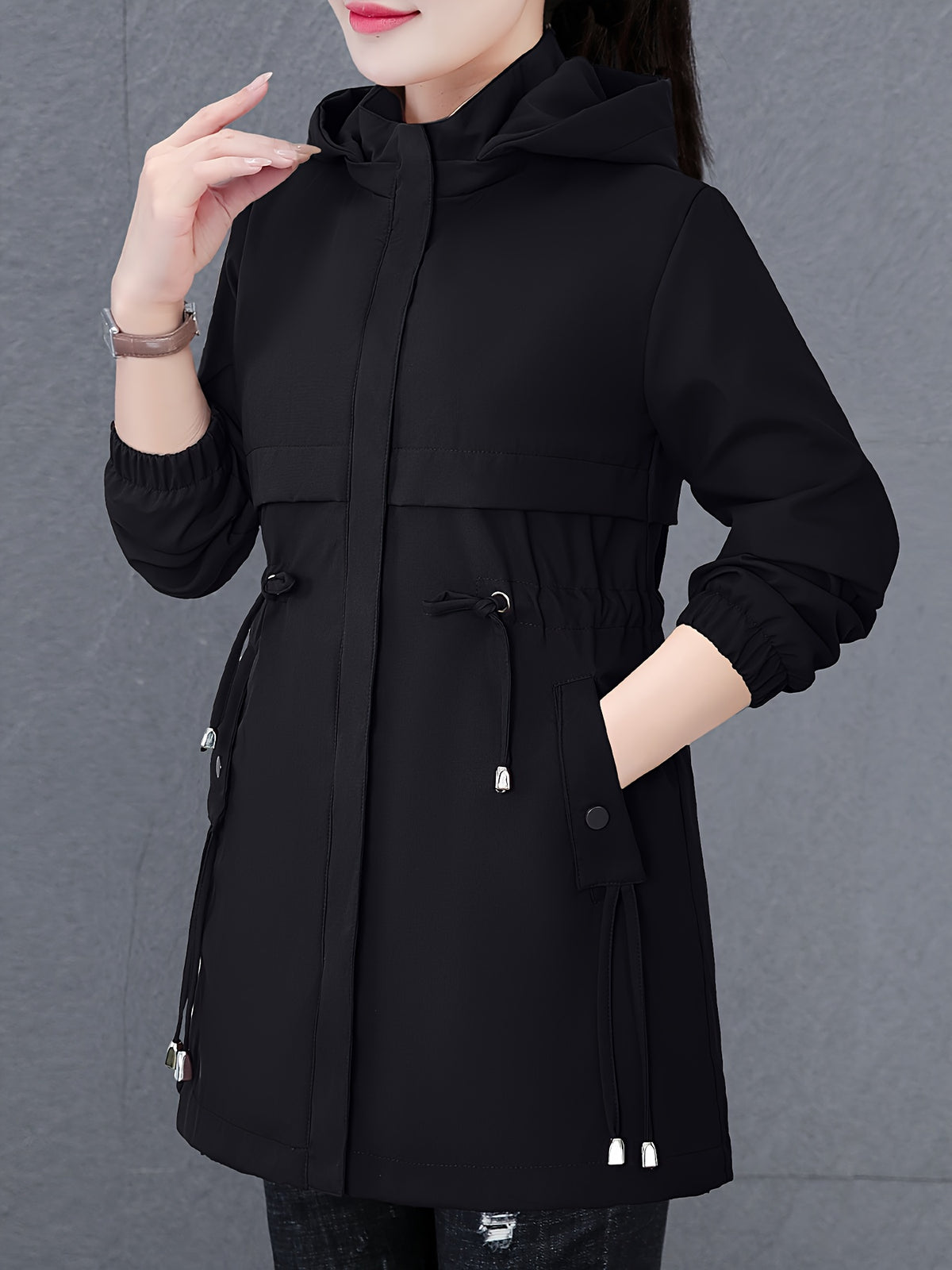 Newest Women'S Top Jacket Coat, Mid-Length Jacket, with Hood, Soft And Comfortable Fabric, 100 Fiber Material, Versatile Casual Style, Suitable for Spring, Autumn And Winter, with Drawstring Waist - Black