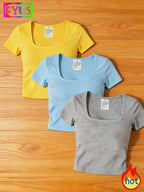 3pcs Women's Bodysuit Top, Women's Sexy Bodysuit for Hot. Comfortable Women's Tight-Fitting T-Shirt 2724, Fiber Fabric - Gray+blue+yellow