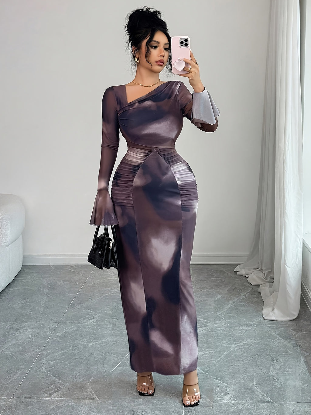 Elegant And Fashionable New Adult Women'S Autumn And Winter Floral Tie-Dye Print Notched Collar Long-Sleeved Flared Sleeve Slim Fit Waist Pleated Hip-Hugging Sexy Dating Commuting Vacation Dating Valentine'S Day Long Dress - Reddish Brown