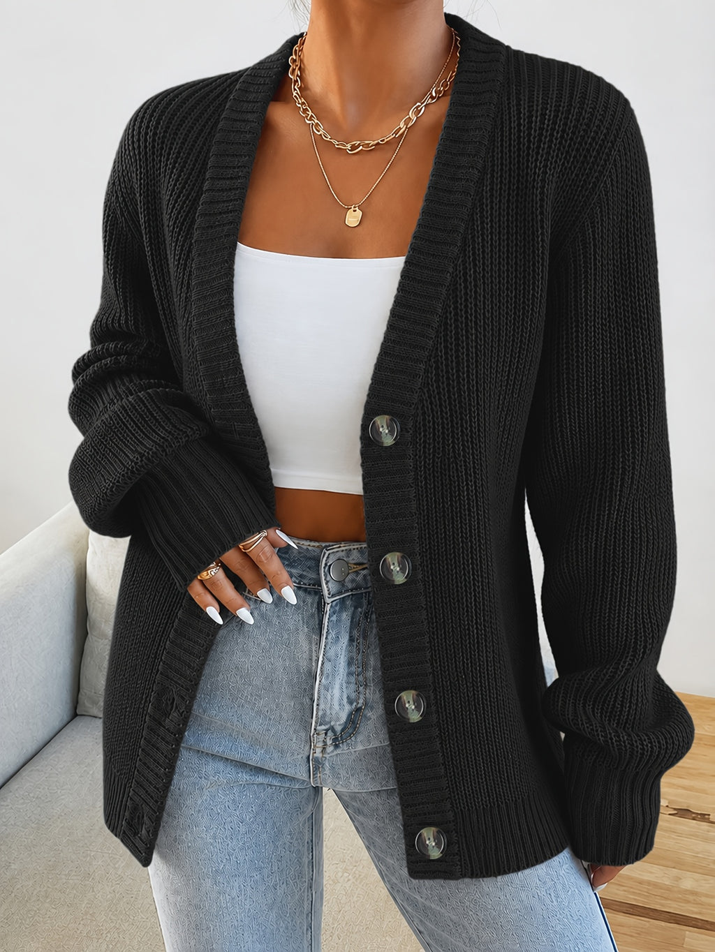 New Arrival, Fashion Women'S Clothing, Spring Autumn Early Winter, Button-Poked Sweater Jacket - Black
