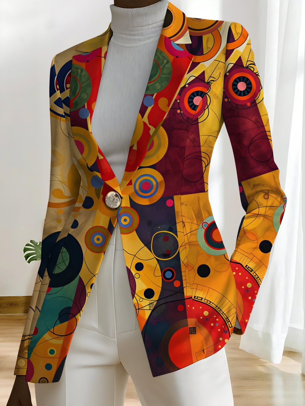 This Stylish And Elegant Women'S Blazer Is Designed Specifically for Spring And Autumn. As a Versatile Lapel Jacket, It Is Suitable for a Wide Range of Occasions, Offering a Look That Is Both Creative And Highly Fashionable - Red on yellow background